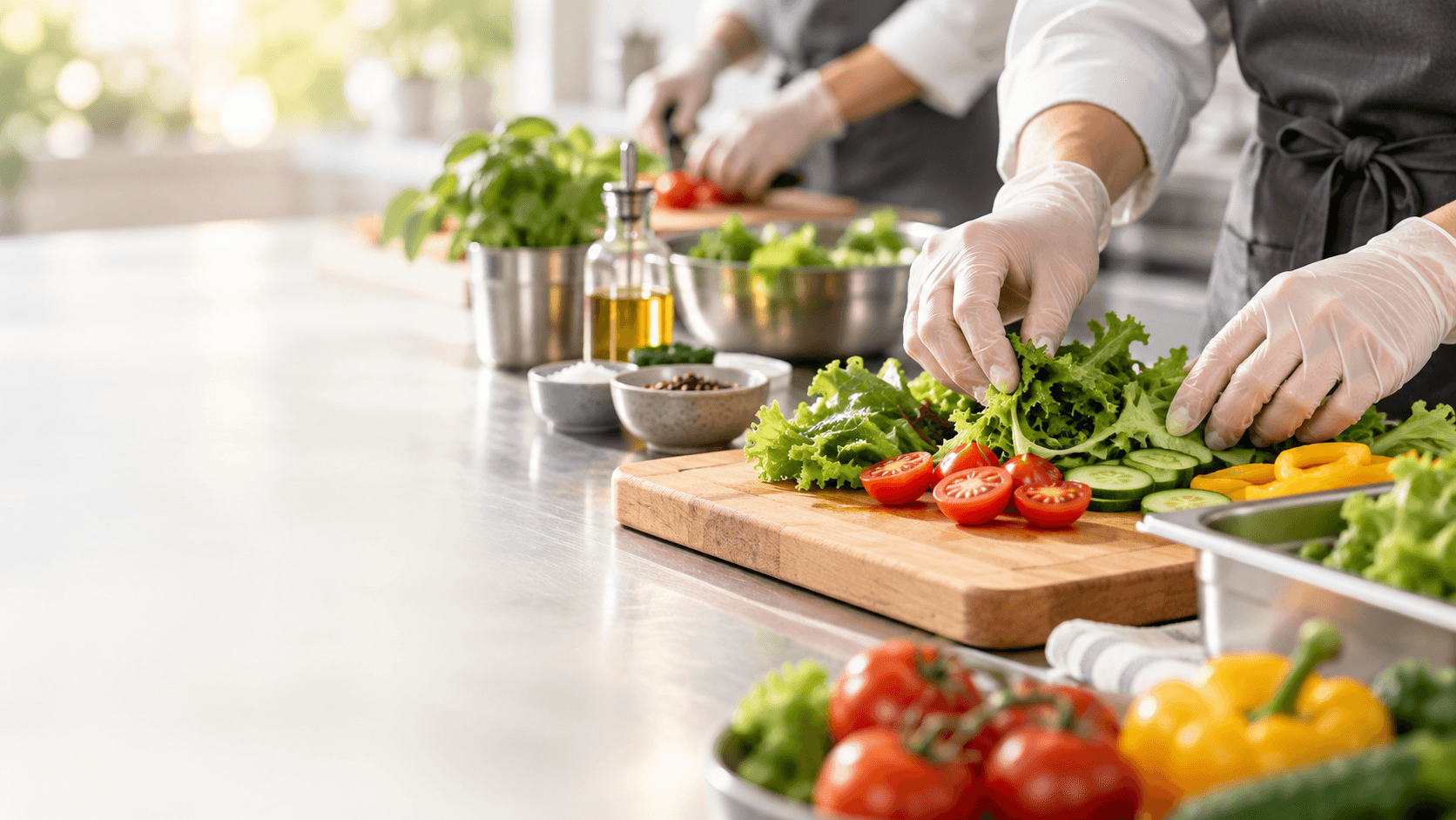 Preparación segura de alimentos en una cocina profesional
